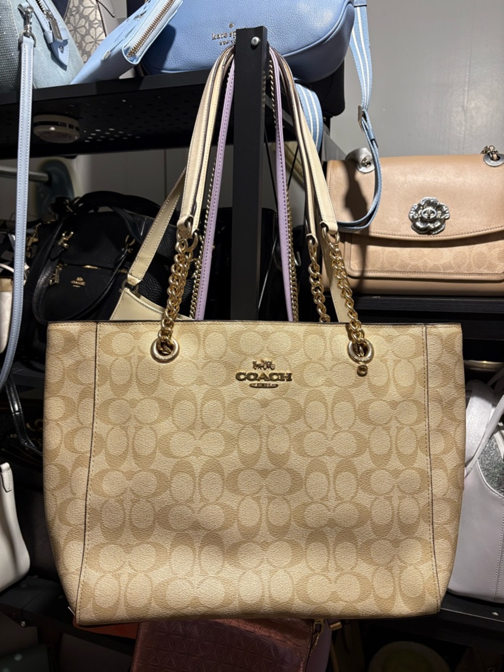 Coach Cammie Chain Tote in Signature Canvas Tan/Cream/Chalk